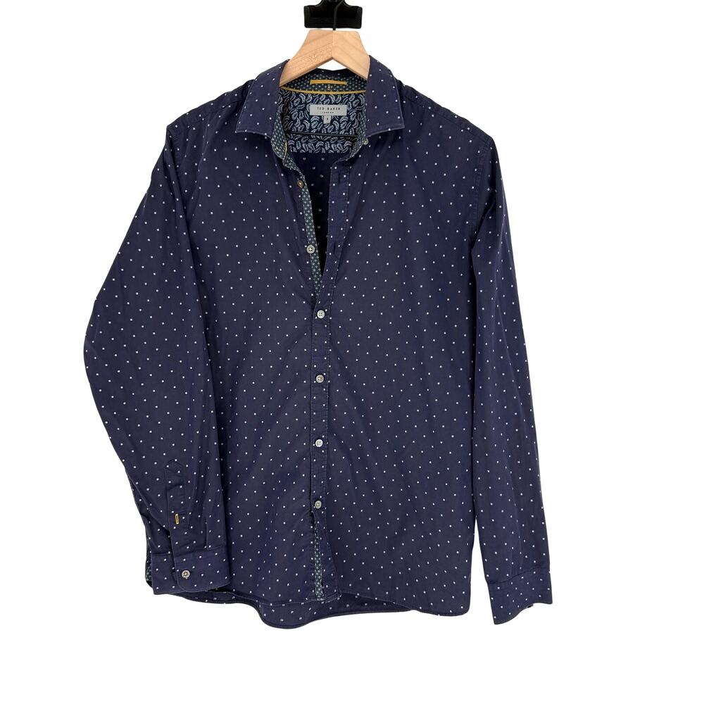 Ted Baker London Shirt Mens 5 XL Slim Fit Dapper Paisley Dot Navy Preppy Office